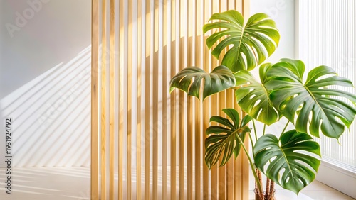 Green palm with reeded glass. Ribbed Background. Summer concept with blurred luxury wall. White Reeded Glass. Stylish blank canvas with realistic texture for premium illustration. Plant leaves.