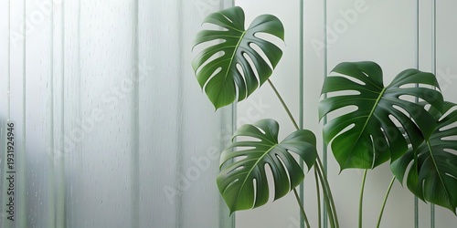 Green palm with reeded glass. Beautiful tree decor on blurred template. Refreshing gradient background with stylish transparent elements. White Reeded Glass. Plant leaves. Ribbed Background.