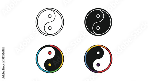Variations of the yin and yang symbol with colorful and monochromatic designs