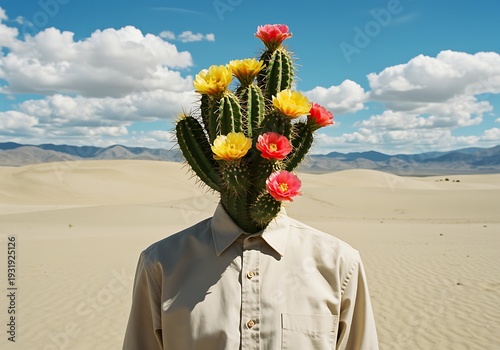 Man in beige shirt with cactus and colorful flowers for head in desert landscape