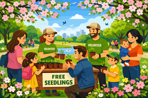 Group gives away free seedlings in a park during a community event with families and children on a sunny day