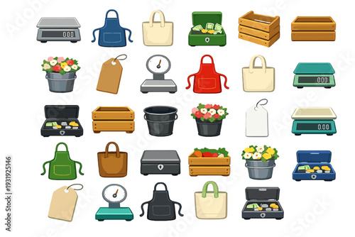 Market items include bags, scales, tags, containers, and flowers for sale in a farmer's market setup