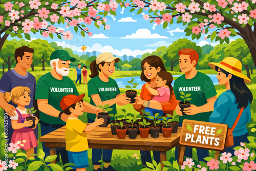 Community members gather to share free plants during an outdoor volunteer event in a park on a sunny day