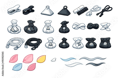Different types of knots, ties, and bags used in crafting or organizing materials for various projects