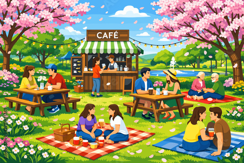 People enjoy drinks and snacks at a cafe in a park during spring with cherry blossoms and a fountain in the background