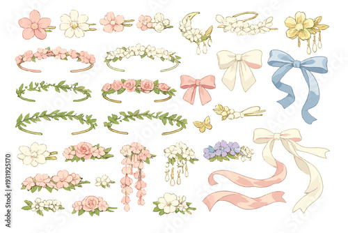 Crafting flower headbands and bows for special events with various floral designs and colors displayed on a white background