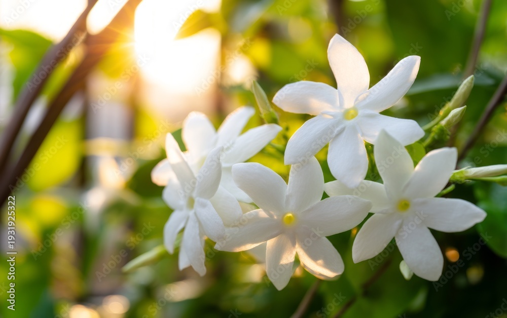 Obraz premium Luminous Jasmine Petals in Soft Evening Light with Natural Green Background