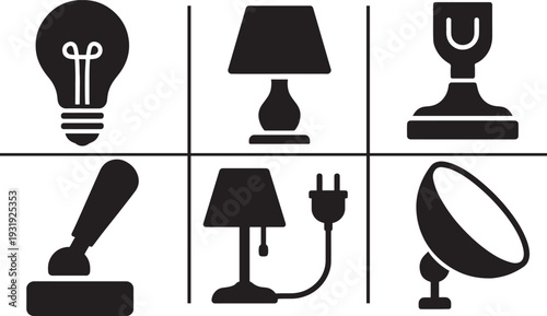 Solid lamp icon set with bulb filament shade base socket switch cord and plug symbols.
