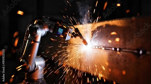 Close-up of robot welding engineer working precisely on thick steel joints, sparks flying, dark contrasting background, dramatic shadows, 4K detail.