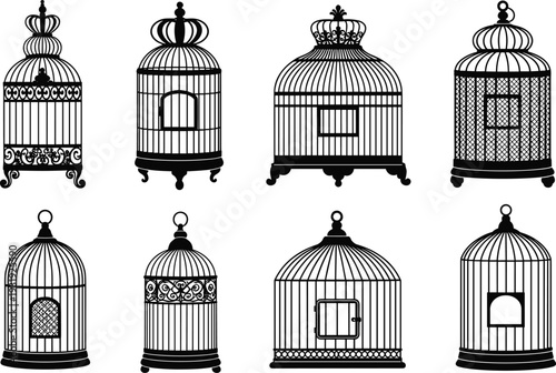 Vintage birdcage silhouettes vector set, ornate antique cages with decorative metal bars and domed tops, classic Victorian style illustration collection