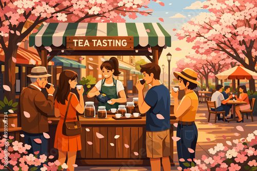Group enjoys tea tasting at a stand during springtime with cherry blossoms in a busy market setting