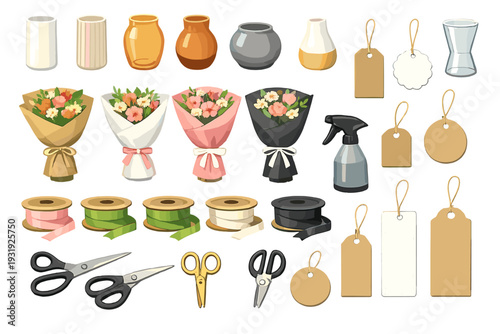 Craft supplies including vases, flowers, tags, and tools arranged on a table for an art project or event decoration