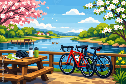 Bicycles parked near lake on a sunny day with trees and flowers in the background