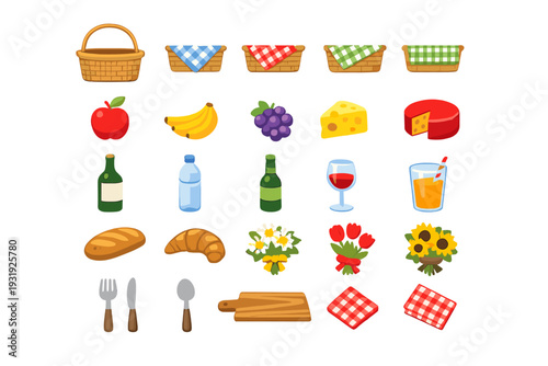 Picnic basket with food items and drinks for outdoor gathering in a sunny park setting