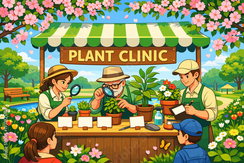 People visit a plant clinic in a park to learn about plants and gardening during a sunny day in spring