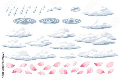 Clouds and water droplets create a scene with petal shapes on a white background during spring season