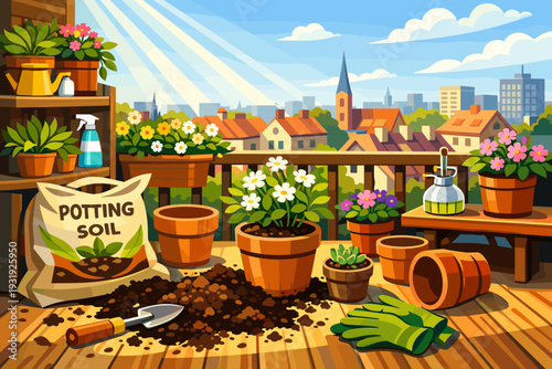 Gardening activity on a sunny balcony with potting soil, plants, and tools in an urban setting