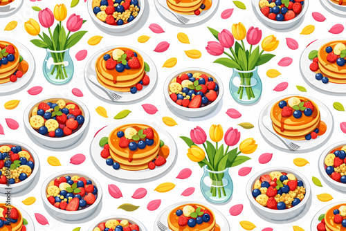 Colorful breakfast spread with pancakes, fruits, and flowers on white background in a bright and cheerful setting