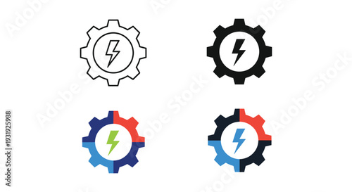 Four stylized gear icons with integrated lightning bolt symbols in different color schemes