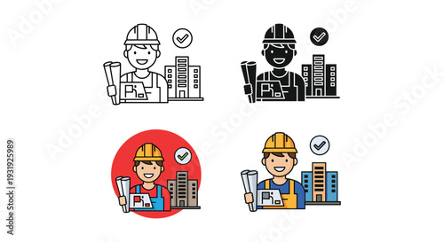 Construction worker safety and productivity icons with approval and rejection symbols