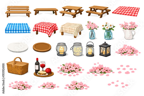 Collection of picnic items and decorations for outdoor gatherings in springtime
