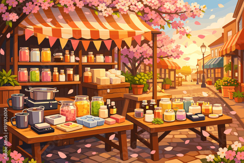 Market scene with stalls selling handmade goods in a street during springtime with cherry blossom trees