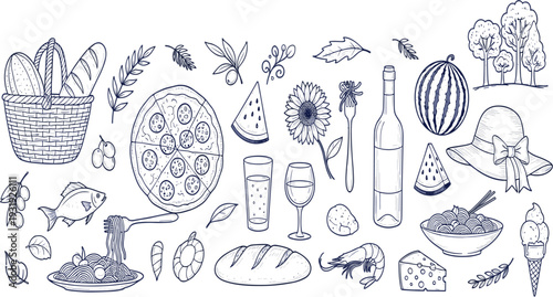 Hand-Drawn Mediterranean Picnic Set Featuring Pizza Pasta Wine Sun Hat and Summer Dining Doodles