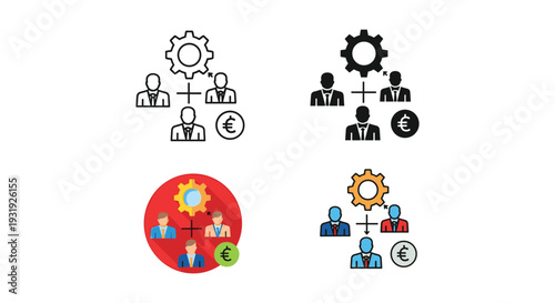 Four icons representing teamwork, collaboration, innovation, and financial success in business