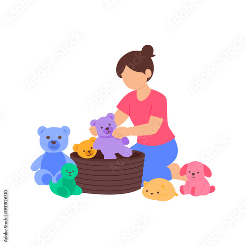 Organizing Soft Toys, Arranging plush toys neatly on shelf, Flat vector character illustration