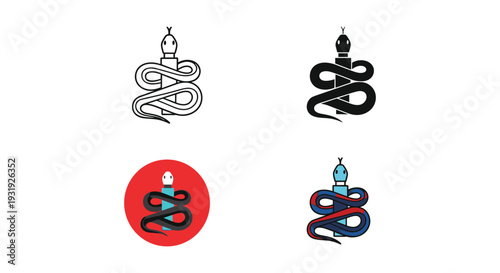 Four stylized representations of snakes in symbolic and cultural designs