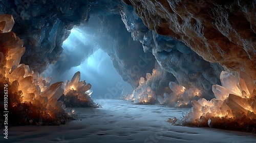Glowing crystal cave with luminous quartz images