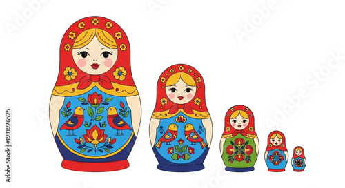 Vibrant Russian Matryoshka Dolls Set with Floral Designs