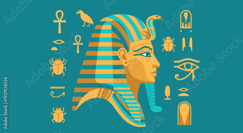 Egyptian pharaoh head with symbolic hieroglyphics and ancient artifacts
