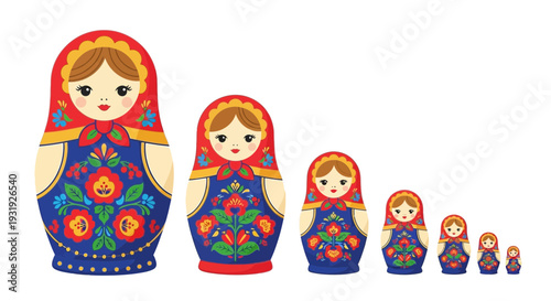 Vibrant Russian matryoshka dolls in traditional floral designs
