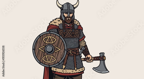 Viking warrior ready for battle with shield and axe
