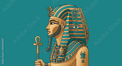 Ancient Egyptian pharaoh with golden headdress holding ankh symbol