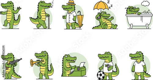 Whimsical Crocodile Character Illustration Set Featuring Sports Music Relaxation and Daily Life Activities