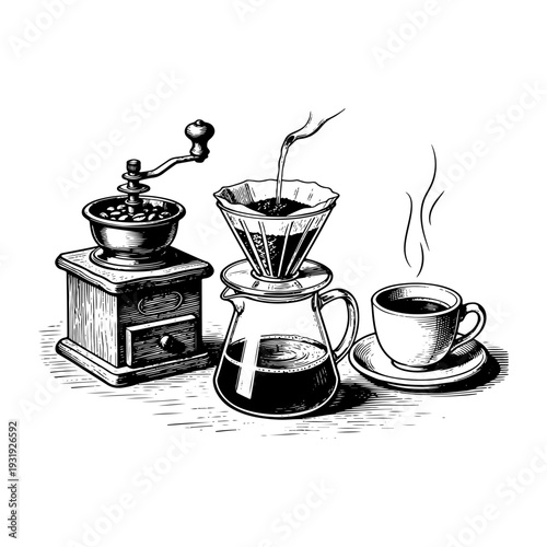 Vintage Coffee Brewing Engraving Illustration – Hand Drawn Manual Grinder, Pour Over Drip and Cup Black and White Line Art