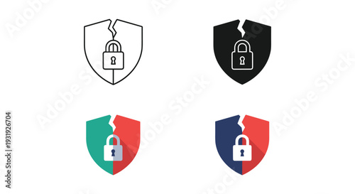 Creative shields with broken padlocks symbolizing security vulnerabilities or access breaches