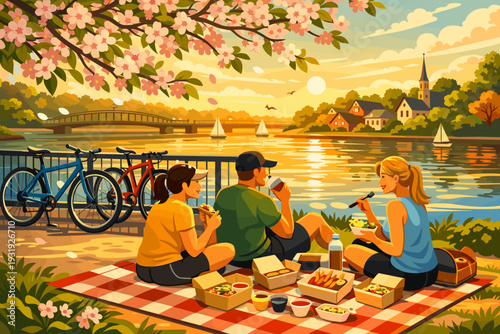 Friends enjoy a meal outdoors near a river during sunset while sitting on a blanket by the water with bicycles nearby