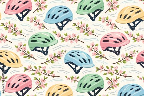 Colorful bike helmets and floral patterns decorate a playful background for fun outdoor activities in spring