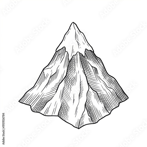 Hand drawn sketch of a snow capped mountain peak for fantasy map isolated on white background. Vintage cartography illustration.