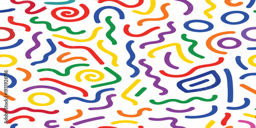 Colorful abstract doodles and squiggles on white background, playful and energetic graphic pattern
