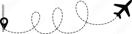 Airplane Flight Route Line Vector, Travel Path And Navigation Concept, Curved Line Trajectory With Airplane Icon, Aviation And Global Journey Illustration, Clean Minimal Vector Graphic For Maps.