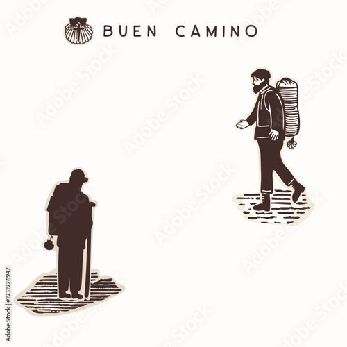 Hand drawn walker camino icon set with 2 pilgrim men meeting greeting Buen Camino . Scallop shell for st james way europe pilgrimage symbol collection. Isolated sticker element with copy space. 