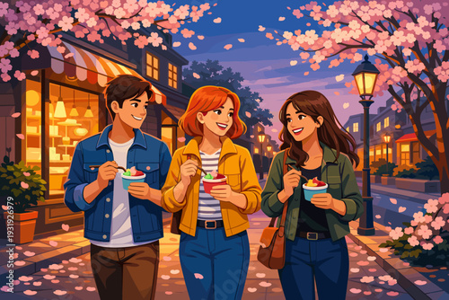 Friends enjoy ice cream under cherry blossom trees during evening stroll in a lively street