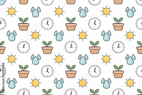 Pattern shows clocks, plants, water droplets, and sun icons on a white background at daytime