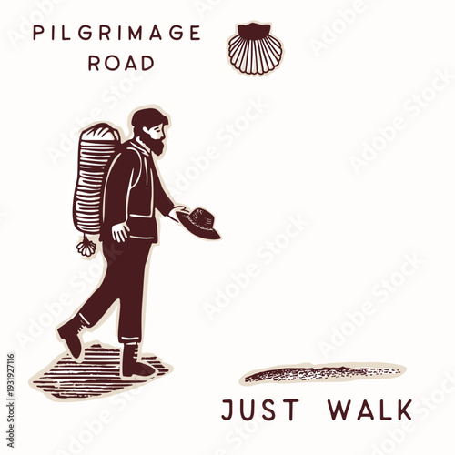 Hand drawn walker camino icon set with pilgrim . Scallop shell for st james way europe pilgrimage symbol collection. Isolated sticker element with copy space. Just walk lettering. Man hiker backpack