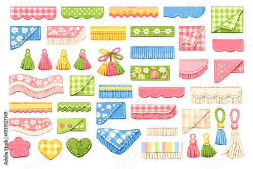 Colorful decorative shapes and patterns for craft projects in various styles and colors displayed on a white background
