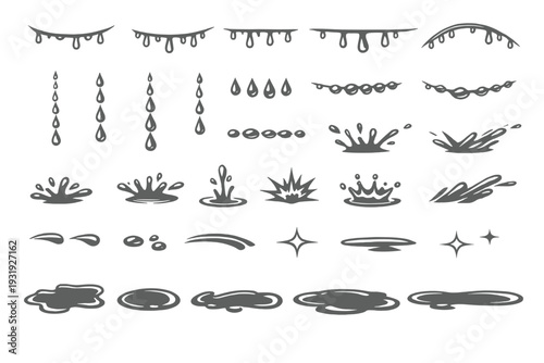 Various types of water and liquid effects shown in simple designs for digital art or animation projects